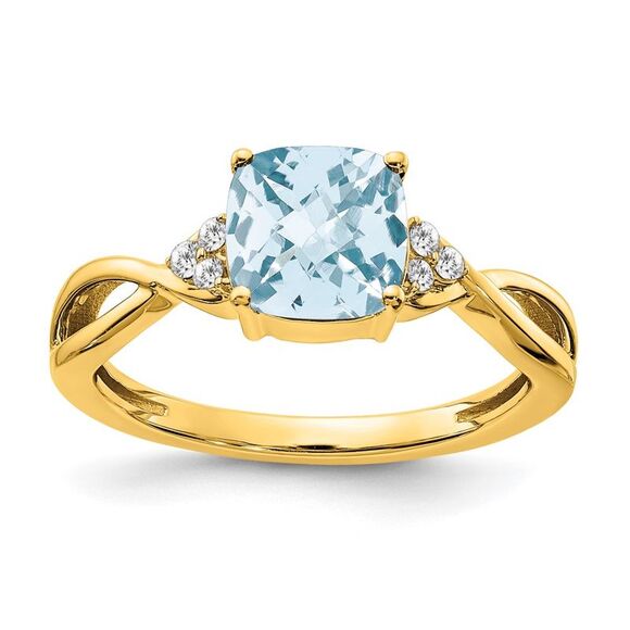 Kazi Luxury 14k Yellow Gold Checkerboard Aquamarine and Diamond Ring
